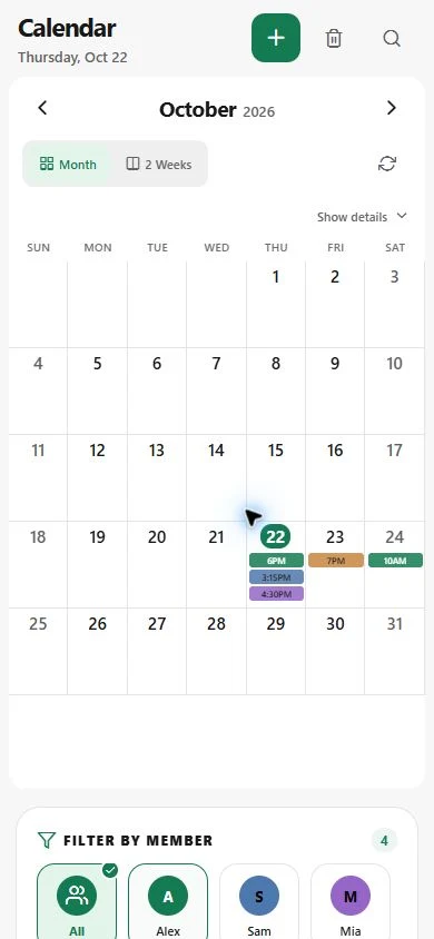 The family calendar in the app, shown with fictional demonstration data