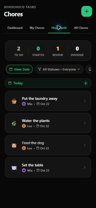 Chores and responsibilities in the app, shown with fictional demonstration data