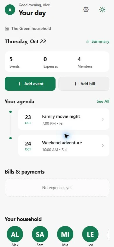 The family dashboard in the app, shown with fictional demonstration data