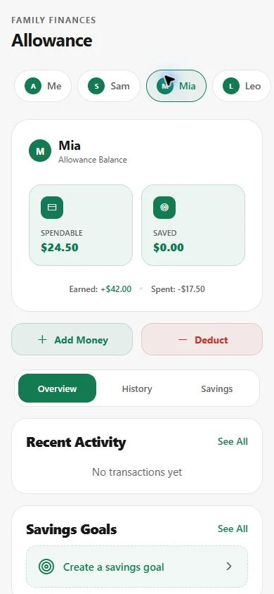 Pocket-money records in the app, shown with fictional demonstration data